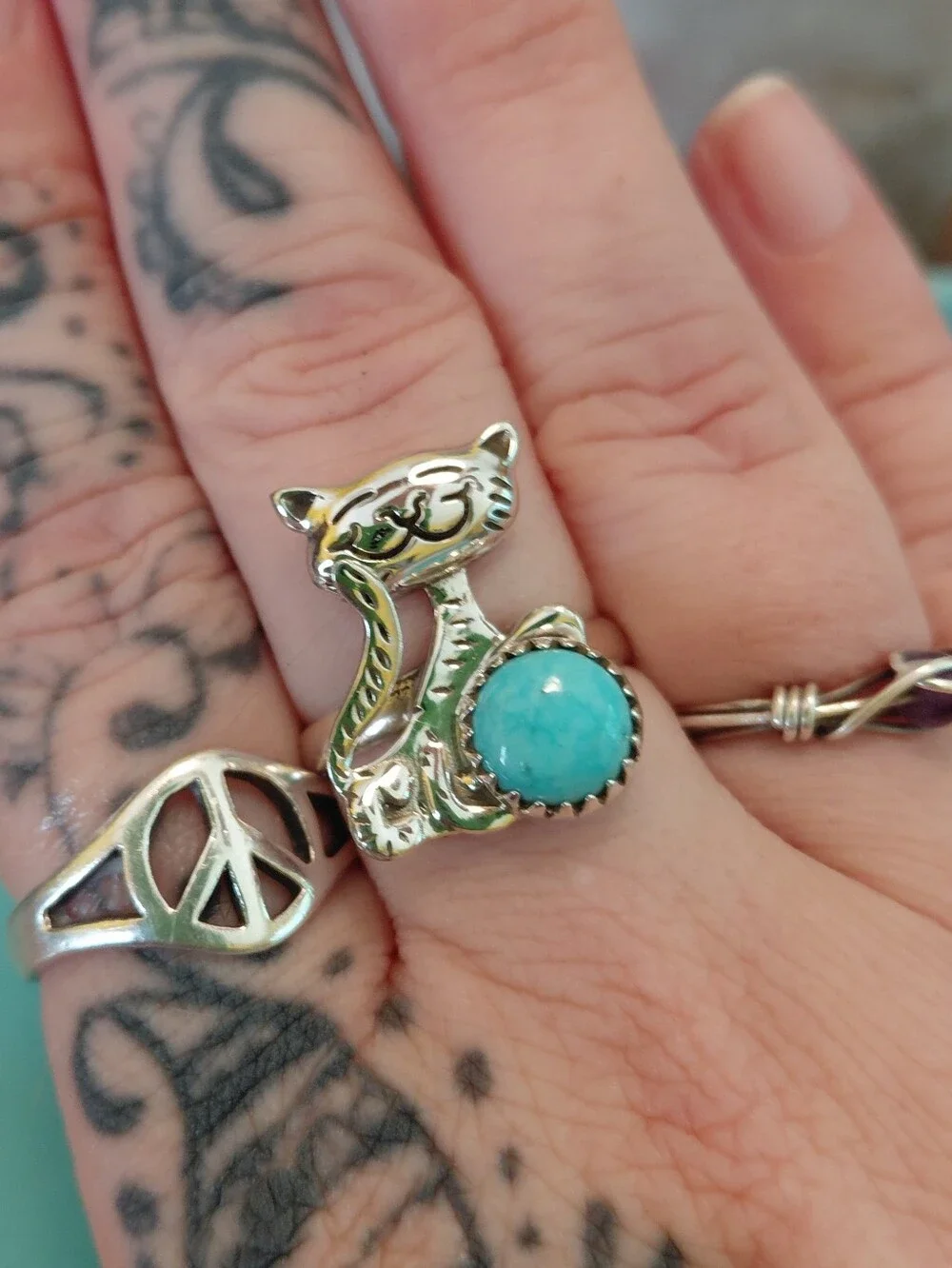 Silver Cat Ring with Turquoise Stone